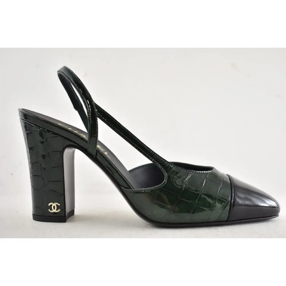 Chanel 26A Green Black Crocodile Croc Coco Sling Slingback Block Heel Pump 39.5c